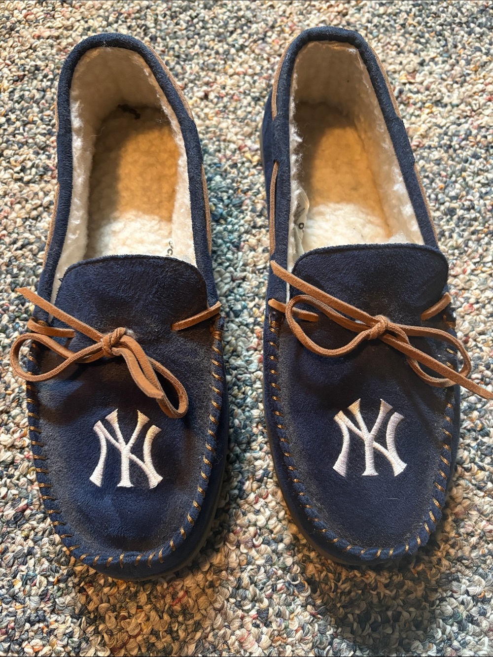 Navy Suede Slip-On Moccasin Slippers with Shearling Lining